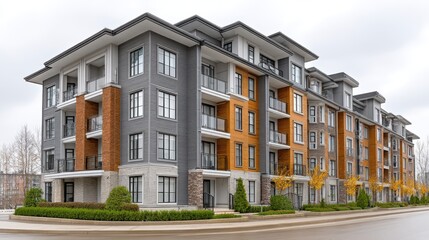 Fototapeta premium Contemporary Apartment Building Exterior in Gray, Orange, and Brown