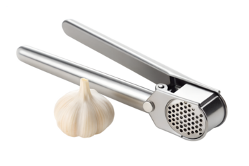 Stainless steel garlic press with whole garlic bulb isolated on transparent background