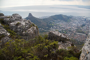Beautiful Panorama Vista point of the Cityscape from the Table Mountain, the harbor , the bay, signal hill and Lion´s Head Mountain,, Cape Town, South Africa