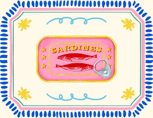 illustration of Canned food, canned fish, sardines, mackerel, hand drawn, poster, print, summer, tropical