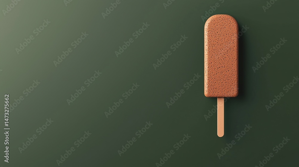 Poster chocolate-coated popsicle on a green background with minimalist style and ample empty space.