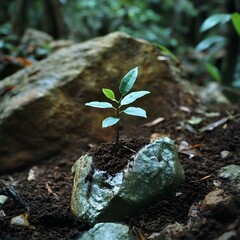 Tiny sprout emerging from rock