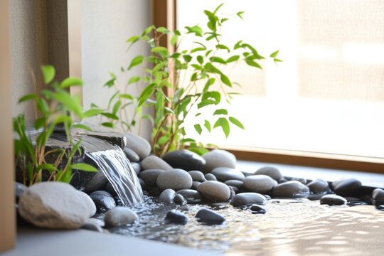 A serene feng shui corner with water feature, river stones, and plant to balance chi energy