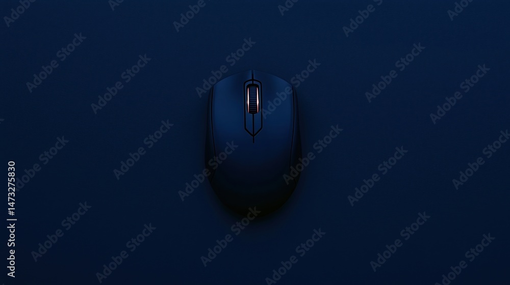 Poster a wireless computer mouse on a dark blue background, centered and minimalistic.