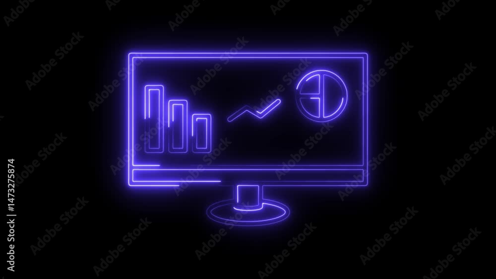 Poster neon monitor displaying financial data analysis and stock market trends animation on dark background