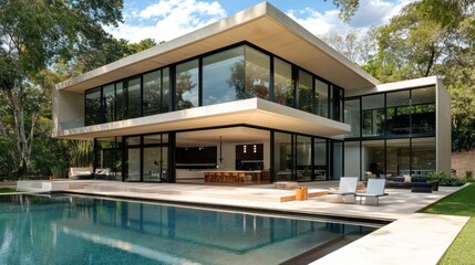 Fototapeta premium Contemporary geometric home design with poolside oasis and surrounding landscape