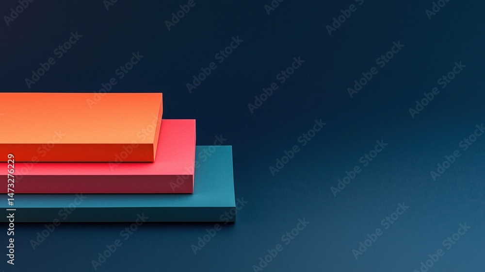 Poster three colorful rectangular platforms stacked on a dark blue background, creating a minimalist geomet