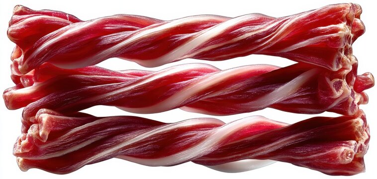 Twisted strands of chewy red meat resembling beef jerky in an artistic composition on a white background ideal for food or flavor themes