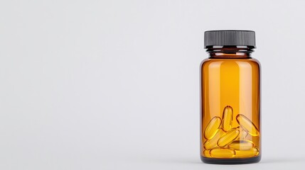 A small amber bottle with several yellow capsules inside, placed on a plain light background.