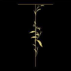Capital letter T with floral  motifs. Botanical alphabet with herbs and wildflowers. Blooming branches of Polygonum plant. Knotweed or Smartweed flower. Golden glossy silhouette on black background.