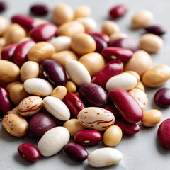 A colorful assortment of dried beans, showcasing various sizes, shapes, and hues.  The beans are scattered on a neutral-toned surface