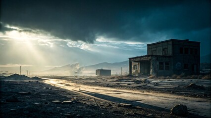 Obraz premium Desolate landscape featuring abandoned buildings under a dramatic sky, evoking themes of ruin and post-apocalyptic scenery.
