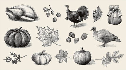 Thanksgiving Harvest Illustration: A charming collection of hand-drawn Thanksgiving elements, including a roasted turkey, pumpkins, acorns, leaves, and a burlap sack.