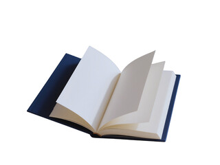 Open Blank Book with Dark Blue Cover Isolated on Black Background