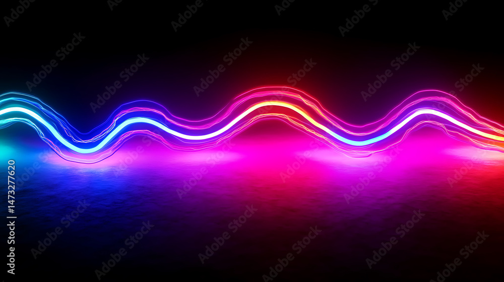 Poster abstract neon light wave on dark background with vibrant gradient reflective surface texture ideal f