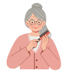 Senior woman brushing hair - elegant elderly lady brushing silver hair before mirror, warm light creating atmosphere of cozy morning routine.