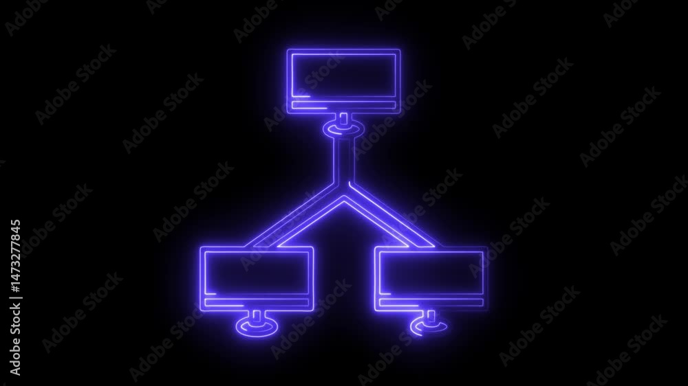 Poster neon network topology diagram animation of computers connecting on dark background