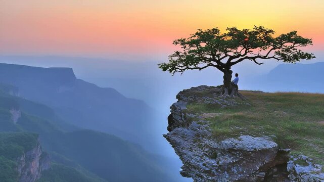 Lone tree on cliff edge at sunset, person sits beneath, overlooking misty valley. Serene, inspiring landscape view