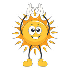 Cute Sun Groovy Cartoon Character. Isolated on White Background.