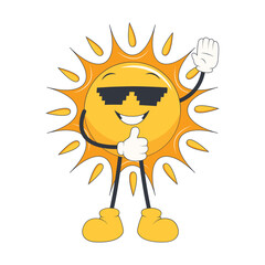 Cute Sun Groovy Cartoon Character. Isolated on White Background.