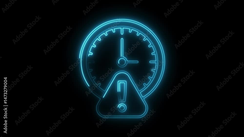 Poster glowing neon clock with exclamation point illustrating time sensitive issues and deadline notificati