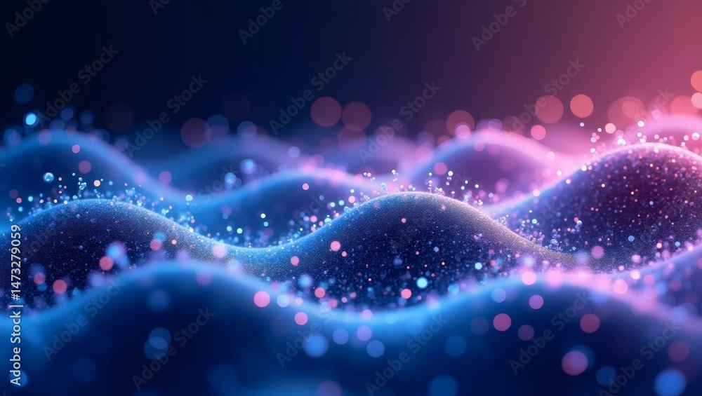 Aufkleber An abstract wave pattern with shimmering particles creating a vibrant, dynamic effect. The scene is awash in cool blue and warm pink hues, evoking a sense of depth and movement.