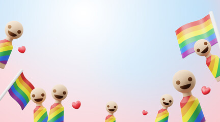 Pride month LGBTQ+ concept design of wooden people wearing t-shirts and rainbow flag with red hearts with copy space 3D render