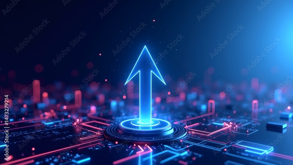 Poster a neon arrow pointing upwards, representing growth and progress in a technological landscape