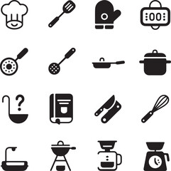Kitchen Utensil Icons: A set of neatly arranged icons depicting various kitchen utensils. Perfect for culinary projects, cooking-related designs.