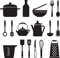Kitchen Utensil Icons: A set of neatly arranged icons depicting various kitchen utensils. Perfect for culinary projects, cooking-related designs.