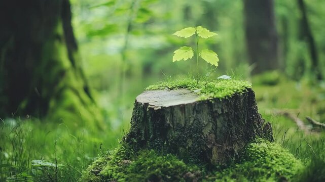 New life emerges from old a vibrant sapling grows on a mossy tree stump in a lush forest, symbolizing renewal