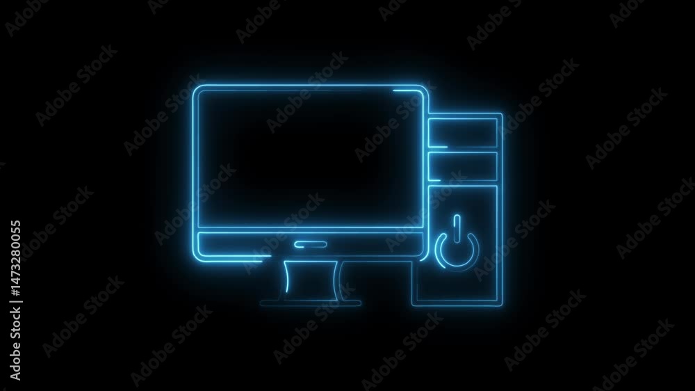 Aufkleber computer system icon outline in neon blue glow on black background animation loop