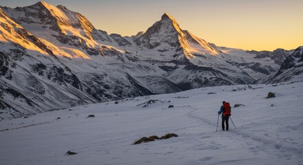 Mountain Hiker in Snowy Landscape at Sunset