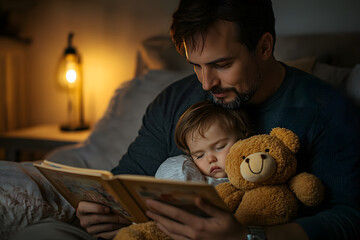 father reading bedtime story to daughter with teddy bear

