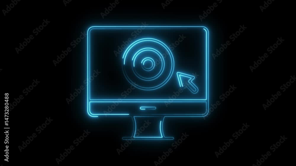 Poster neon computer screen with target and cursor for online goals and digital marketing