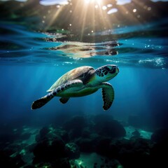Obraz premium Underwater image of sea turtle swimming in sunlight