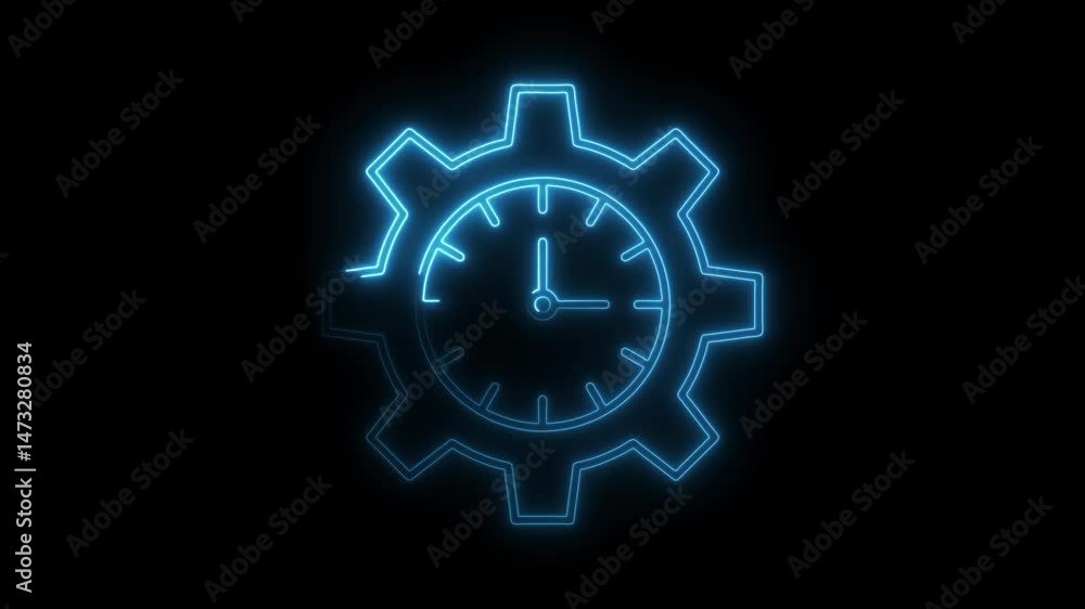 Poster animated neon style clock gear rotating on black background representing time management and product