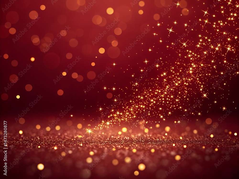 Poster abstract festive background with sparkling golden stars and bokeh lights on a rich red backdrop