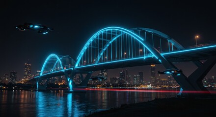 Fototapeta premium Night View of Bridge with Glowing Lights