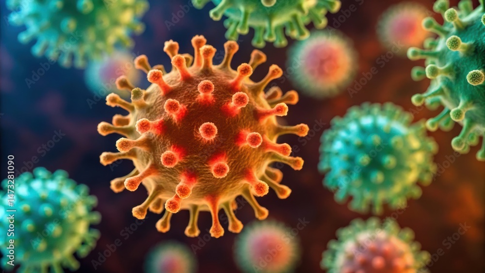 Poster microscopic view of viruses in vibrant colors, showcasing their structure and complexity in a scient
