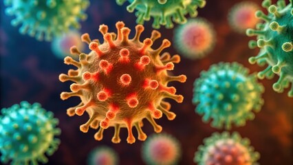 Fototapeta premium Microscopic view of viruses in vibrant colors, showcasing their structure and complexity in a scientific context.