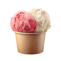 Delicious strawberry and vanilla ice cream scoops in a cup cold on transparent background