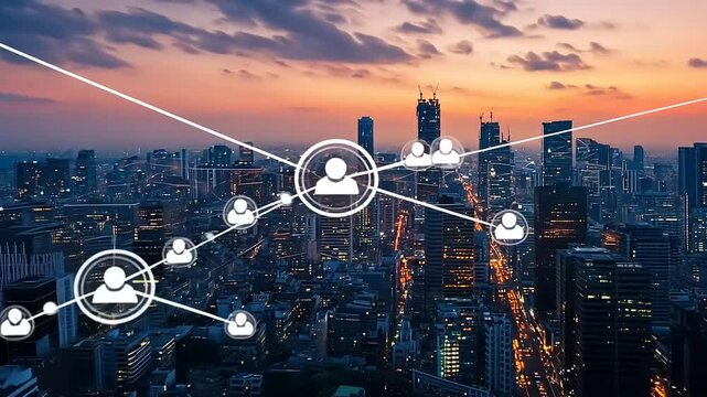 Global Network Connectivity in a Modern Cityscape at Sunset Creates Digital Convergence