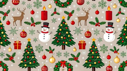 Festive Christmas Seamless Pattern featuring Reindeer, Snowman, Trees, and Ornaments for Holiday Designs
