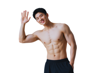 Muscular Asian Man Waving Hello Shirtless