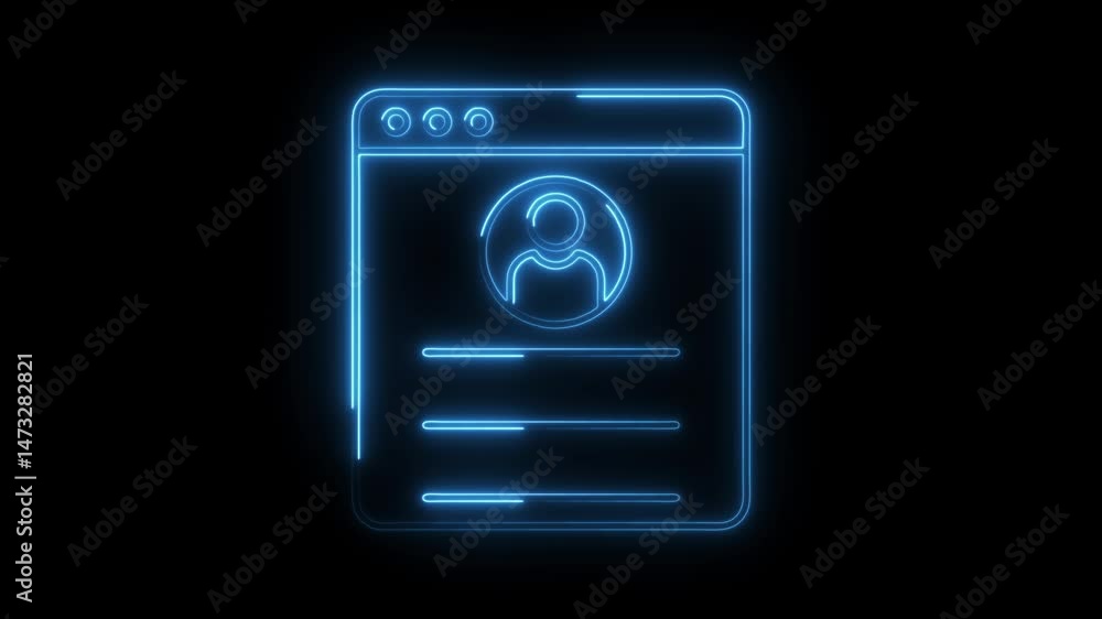 Poster neon profile page animation on dark background interface social media icon user data