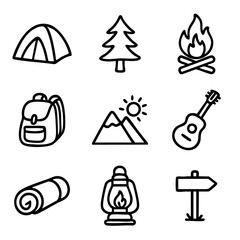 A set of doodle line icons representing camping essentials and nature activities like tent, fire, backpack, mountains, and lantern