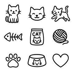 A set of doodle line icons featuring playful cats, pet food, yarn ball, paw print, fish bone, and love for pets