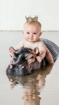 Baby with crown riding toy hippo in shallow water. Reflection visible