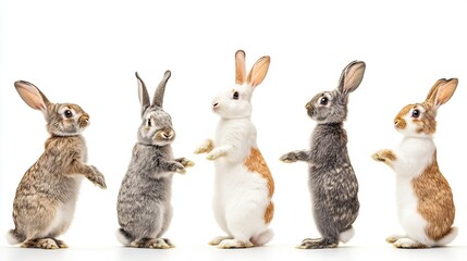 Six Rabbits Standing on Hind Legs in Different Colors and Poses. Playful and Diverse Scene.